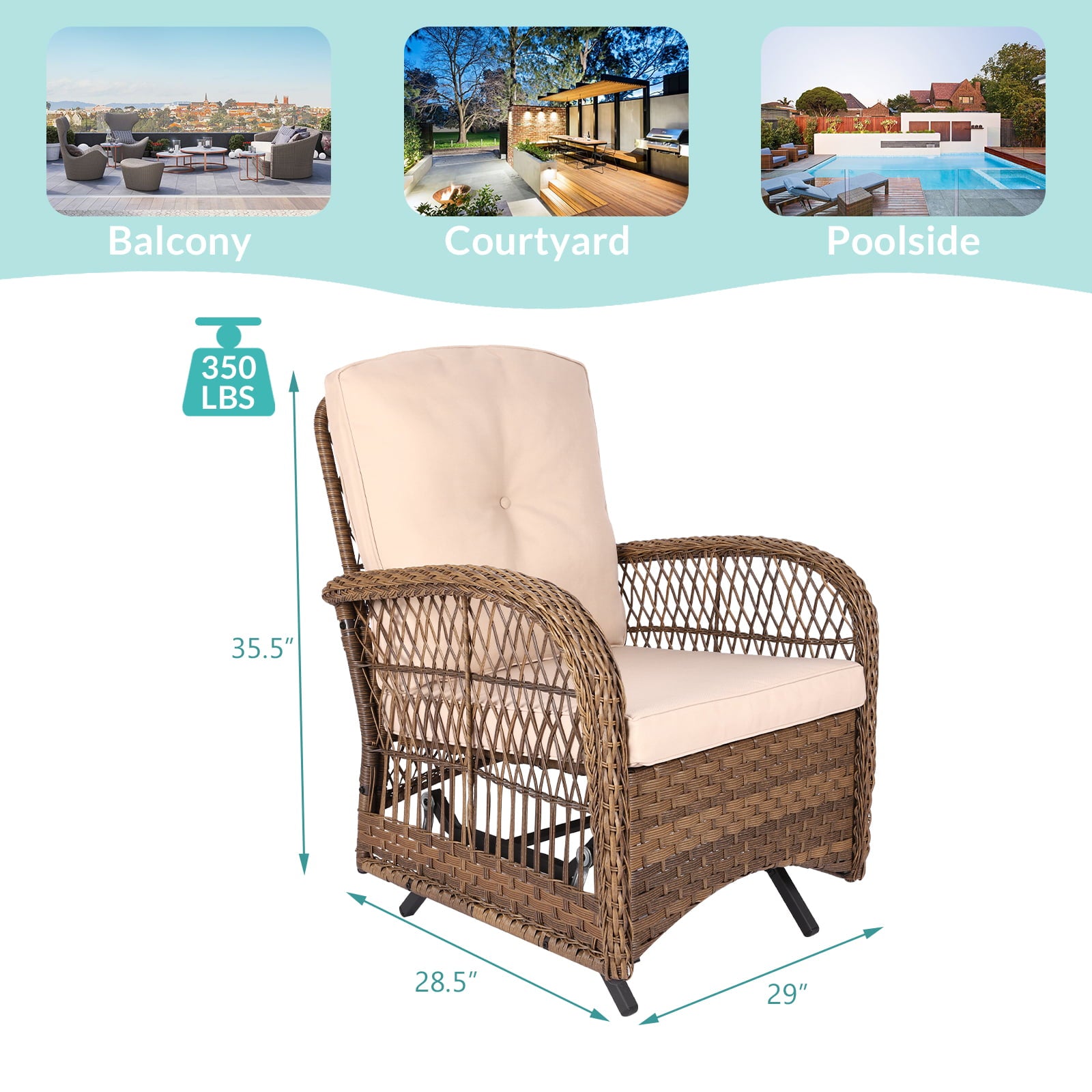 MEETWARM Outdoor Patio Wicker Rocking Glider Set of 2, All-Weather Rattan Patio Rocking Chairs with Thickened Cushions, Glider Patio Chair for Porch Garden & Backyard, Brown