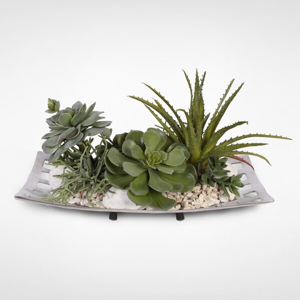 Artificial Succulents with Natural Pebbles in an Aluminum Tray