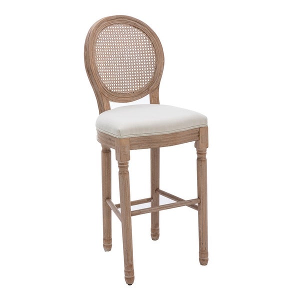 French Rattan Back Wooden Barstools w/Upholstered Seating，Set of 2