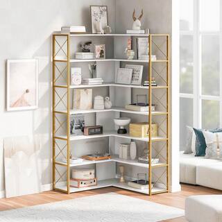 Angel Sar 37.40 in. Wide Golden and White Wood 7-Tier L-Shaped Bookcase Corner Bookcase with Metal Frame AD000273