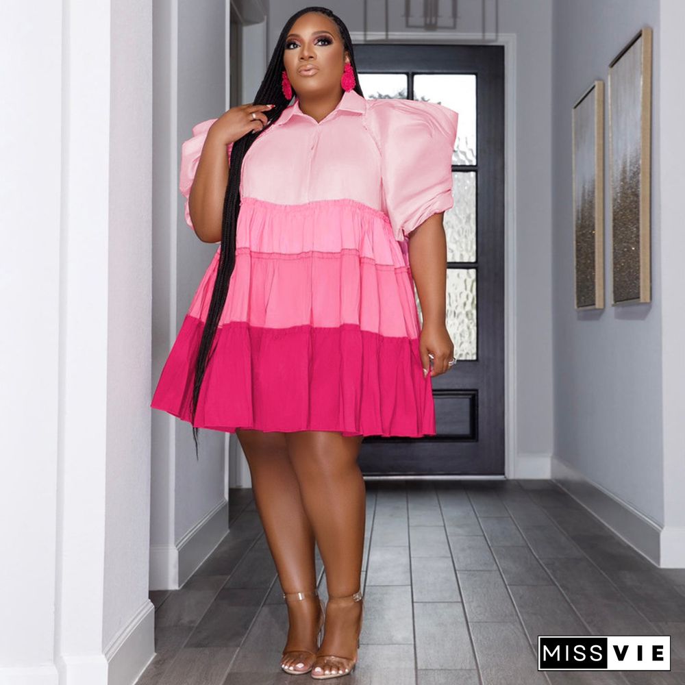 Contrast Color Loose Puff Sleeve Pleated Plus Size Dress