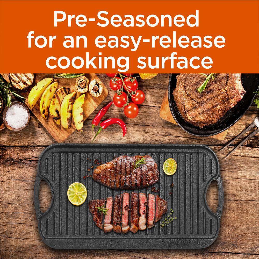 Commercial CHEF 20.9 in. Pre-Seasoned Cast Iron Reversible Grill Griddle CHFLRGG5