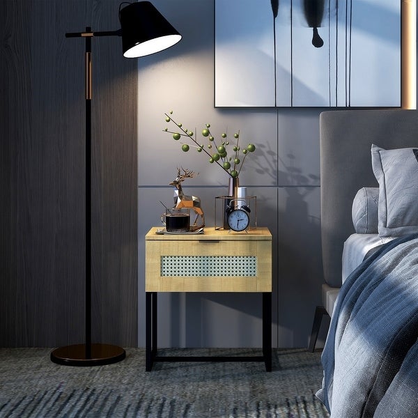 Nightstand， Side Table with Wicker Rattan