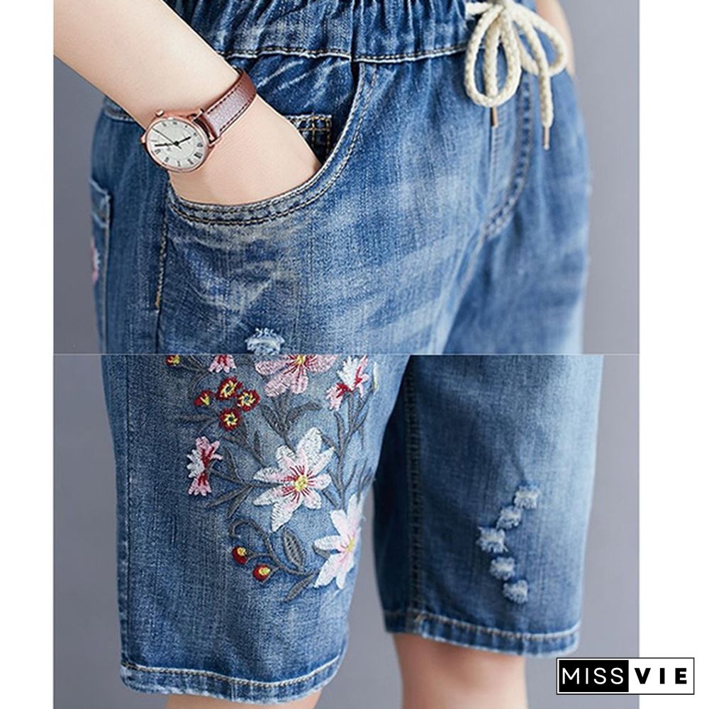 Women Summer Folk Style Elastic Waist Floral Embroidery Drawstring Ripped Shorts Female Office Lady Casual Loose Denim Short