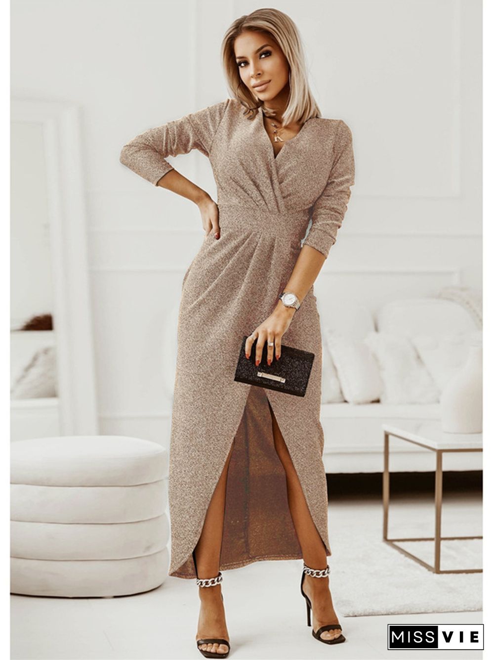 Long Sleeve Sexy V-neck Slit Dress Skirt