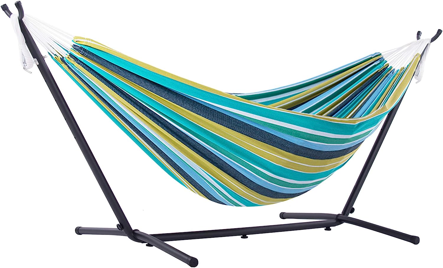 Double Cotton Hammock with Space Saving Steel Stand, Tropical (450 lb Capacity - Premium Carry Bag Included)