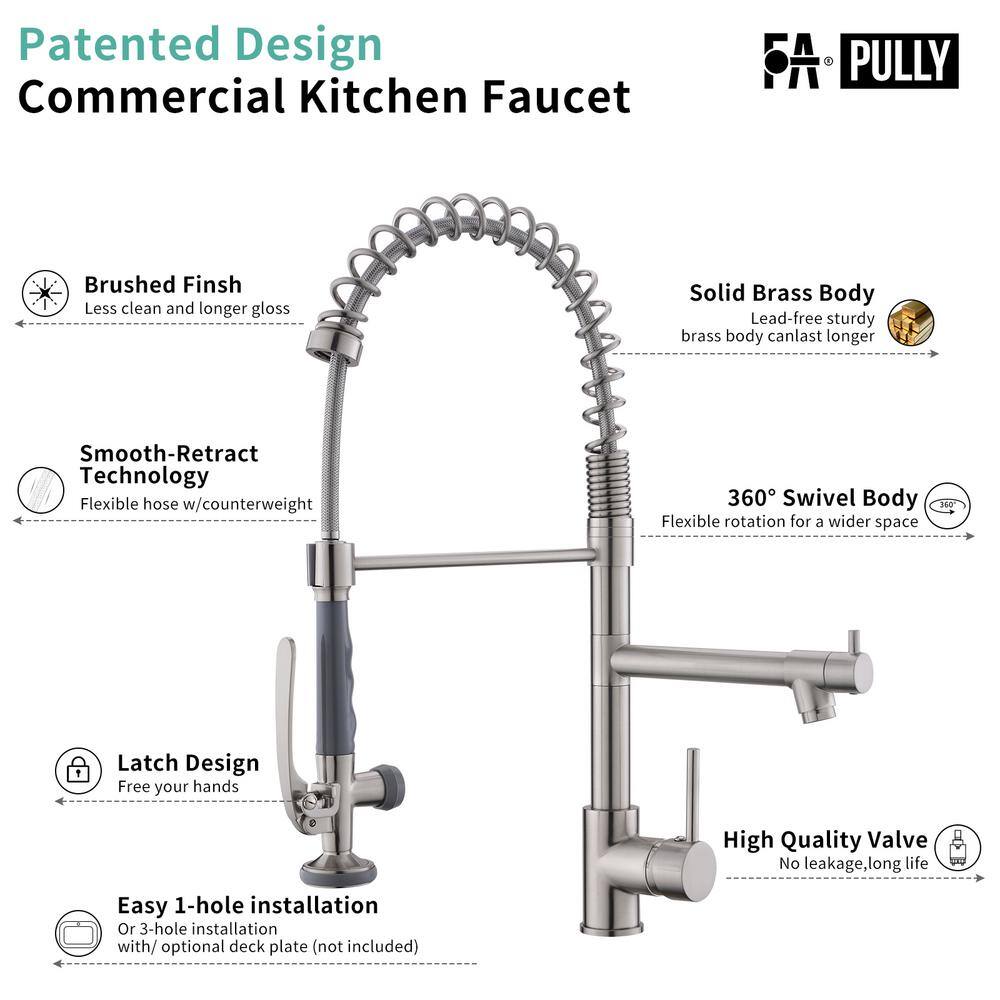 Fapully Spring Single-Handle Pull Down Sprayer Kitchen Faucet Commercial High Goosenck Kitchen Sink Faucet in Brushed Nickel 100550N