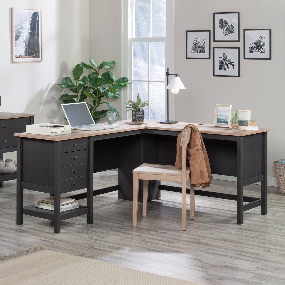 SAUDER Cottage Road 65.118 in. L-Shape Raven Oak Computer Desk with File Storage 431264