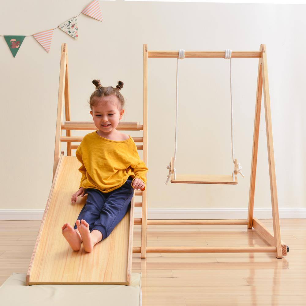 Wood Indoor Swing Set with Rock Climb Ramp for Toddlers LN20232279