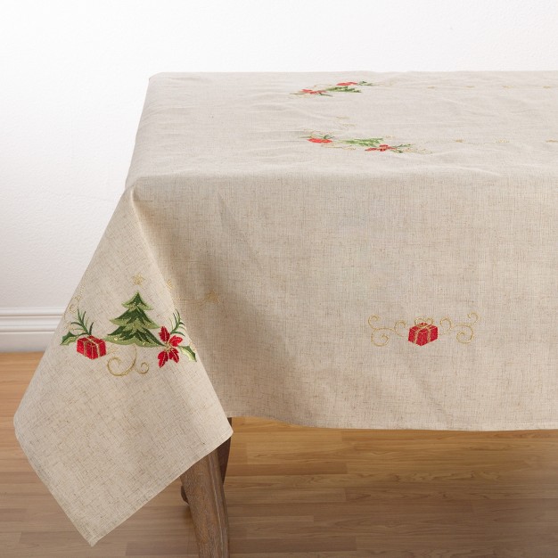 Saro Lifestyle Embroidered Christmas Tree Design Holiday Linen Blend Tablecloth