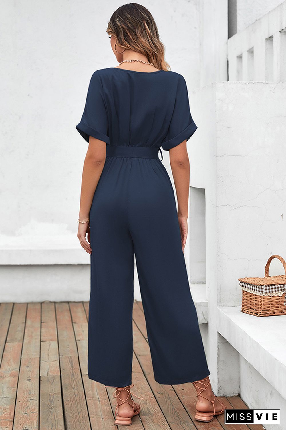 Solid Color Short Sleeve Long Pants Jumpsuit Wholesale