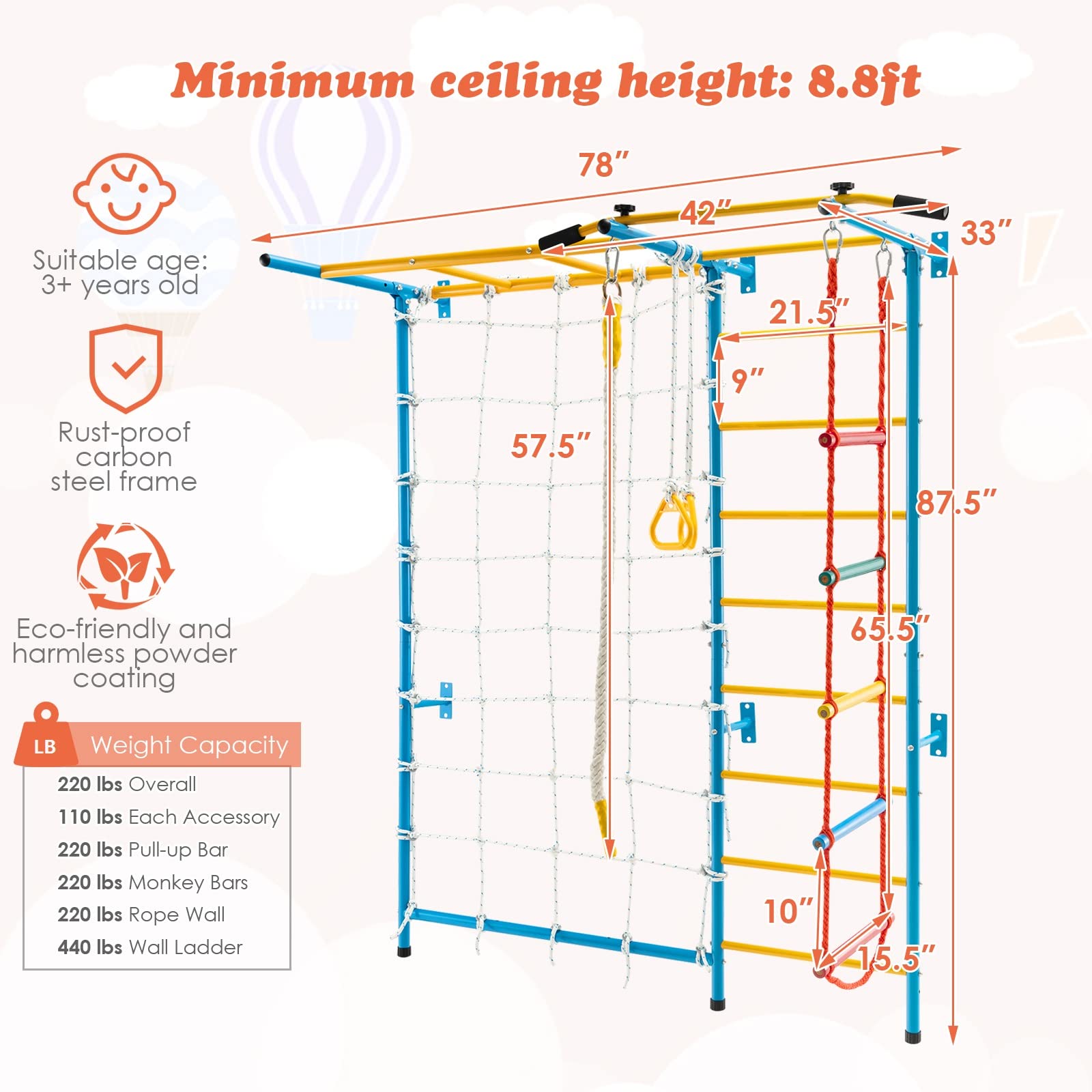 Costzon Climbing Toys for Toddlers, Kids Ladder Wall Set for Exercise, Indoor Steel Stall Bars with Wall Ladder