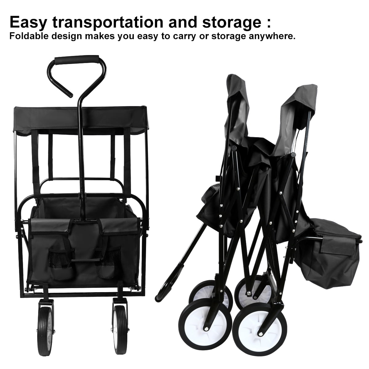 Geniqua Black Utility Collapsible Folding Wagon Cart w/Canopy Garden Beach Toy Sport Buggy