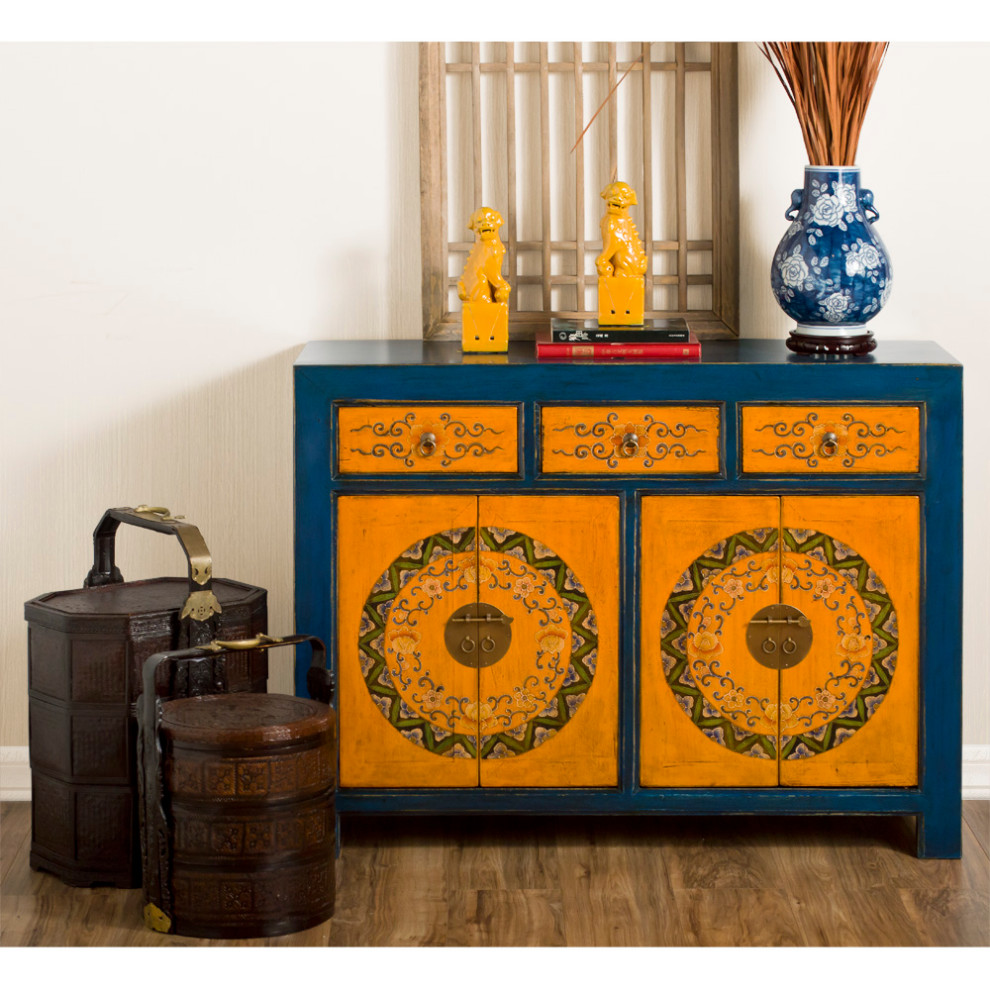 Hand Painted Distressed Blue and Yellow Tibetan Cabinet   Asian   Accent Chests And Cabinets   by China Furniture and Arts  Houzz