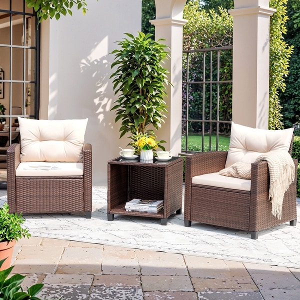 Furniwell 3 Pieces Patio Conversation Set Rattan Outdoor Furniture with Table Weatherproof