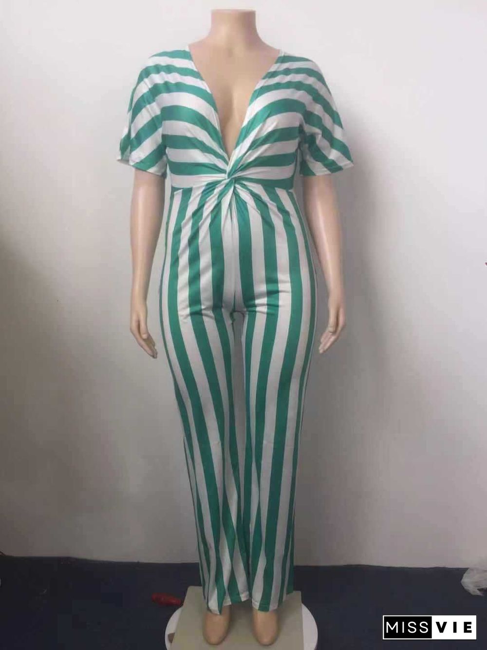 Sexy Women Summer Deep V-Neck Stripe Short Sleeve High Waist Wide Leg Elastic Loose Jumpsuit