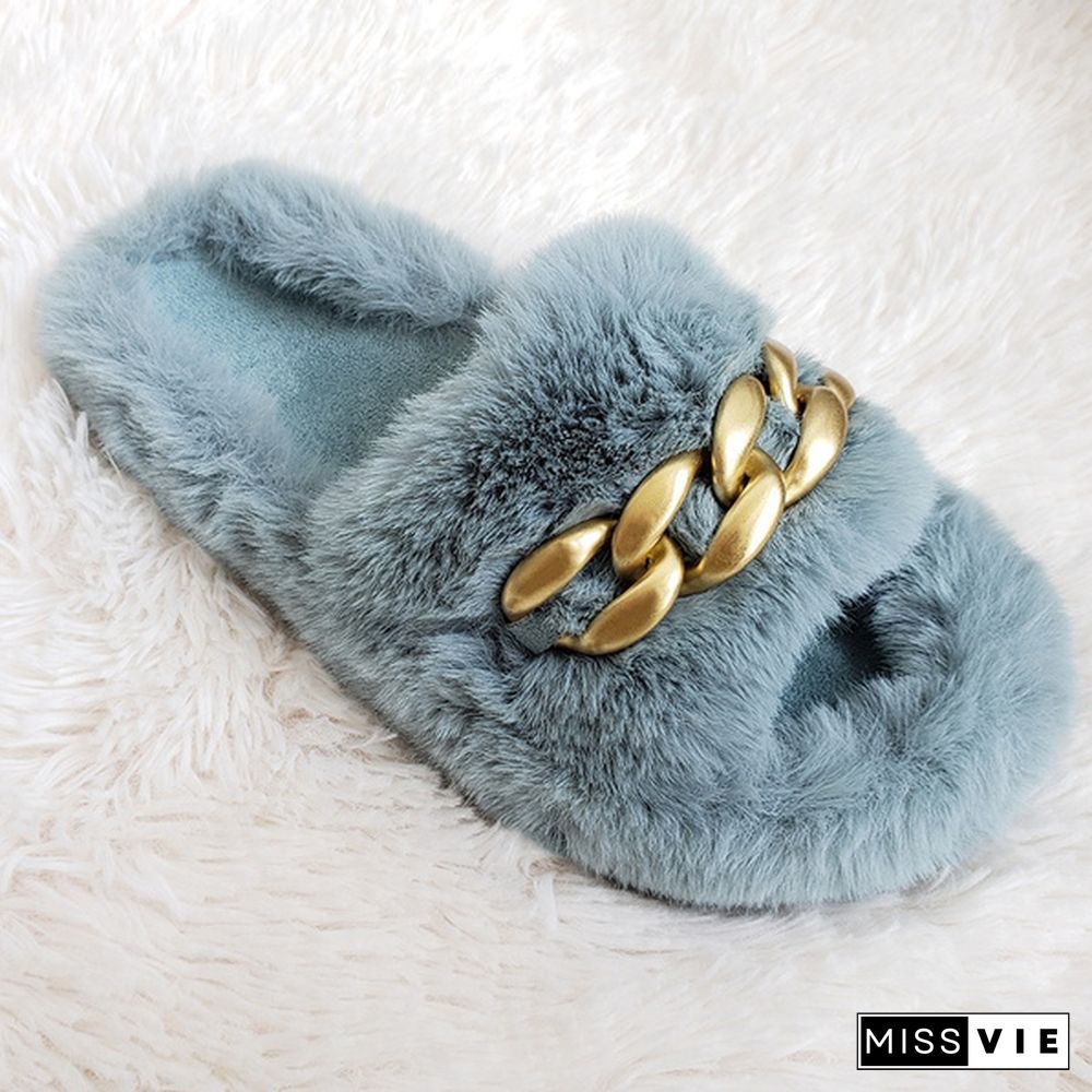 New Matte Gold Chain Decorate Female Fluffy Fur Slides Plush Warm Slippers Luxury Slippers Slip-On Thick Bottom Women