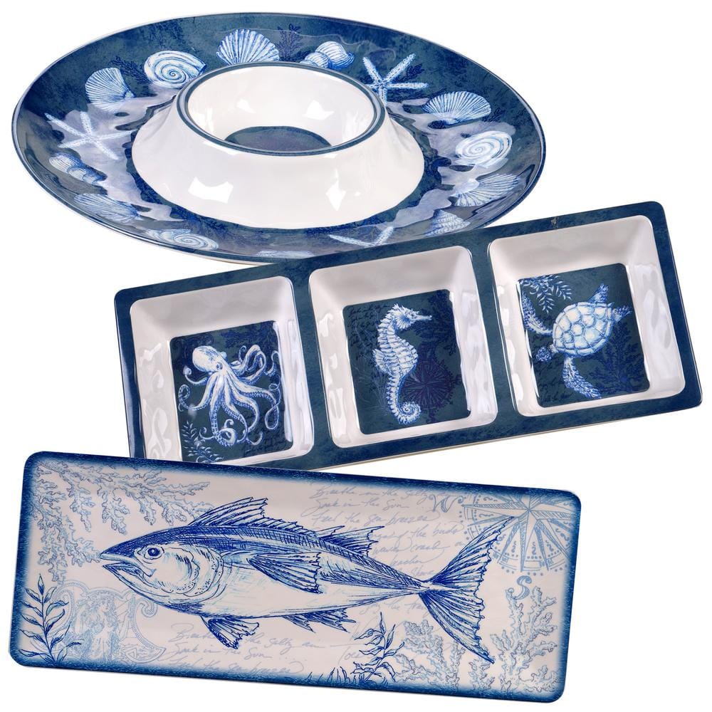 Certified International Oceanic 3-Piece Seasonal Multicolored Melamine Hostess Set OCEANIC3PC