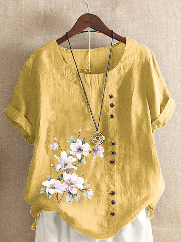 Round Neck Casual Loose Floral Print Short Sleeve Blouse