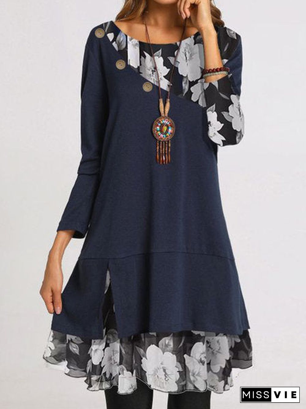 Women's Graphic Stitching Floral Printed Scoop Neck Long Sleeve Midi Dress