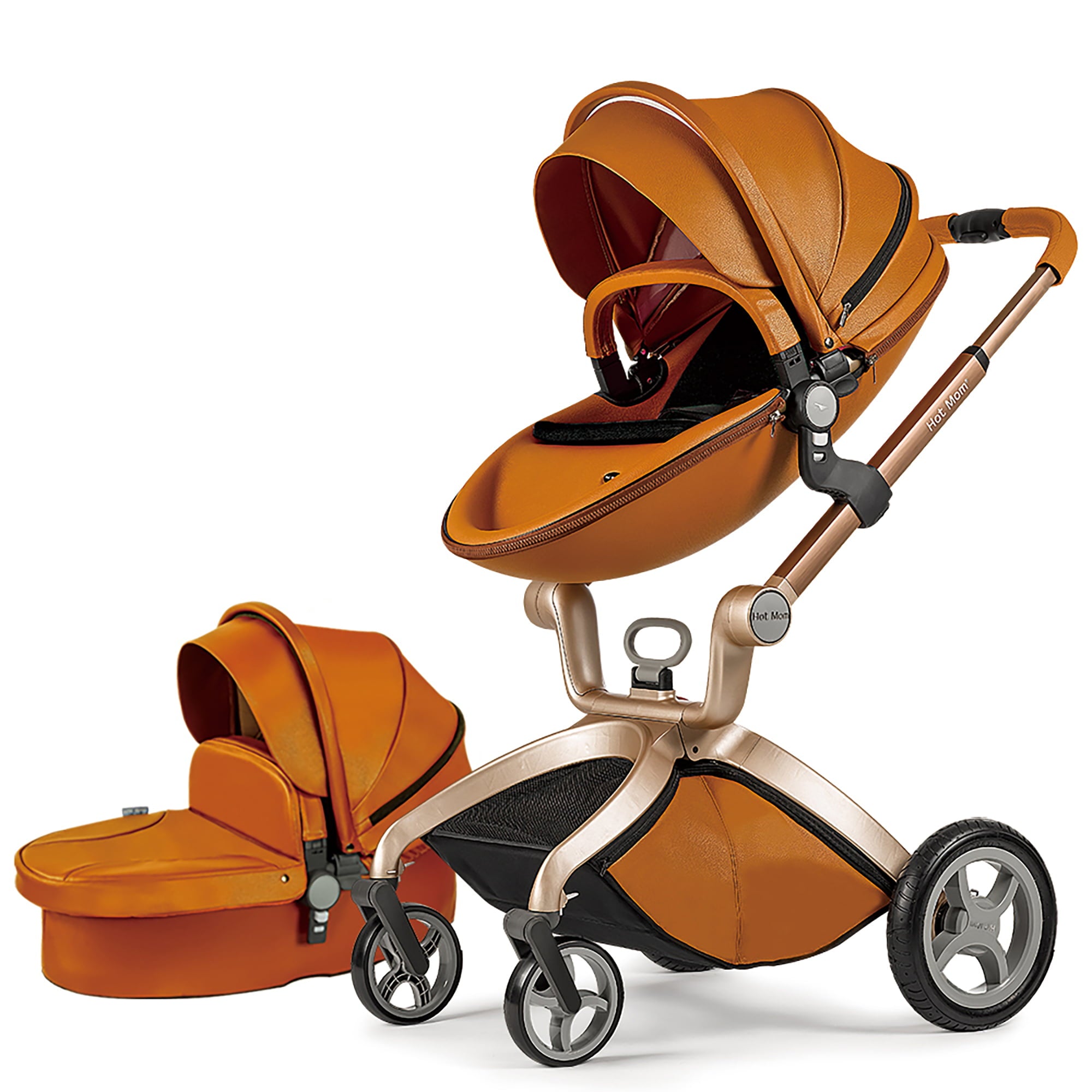 Hot Mom Baby Stroller with Adjustable Seat Height,Reversible Luxury PU Leather Travel System,Brown