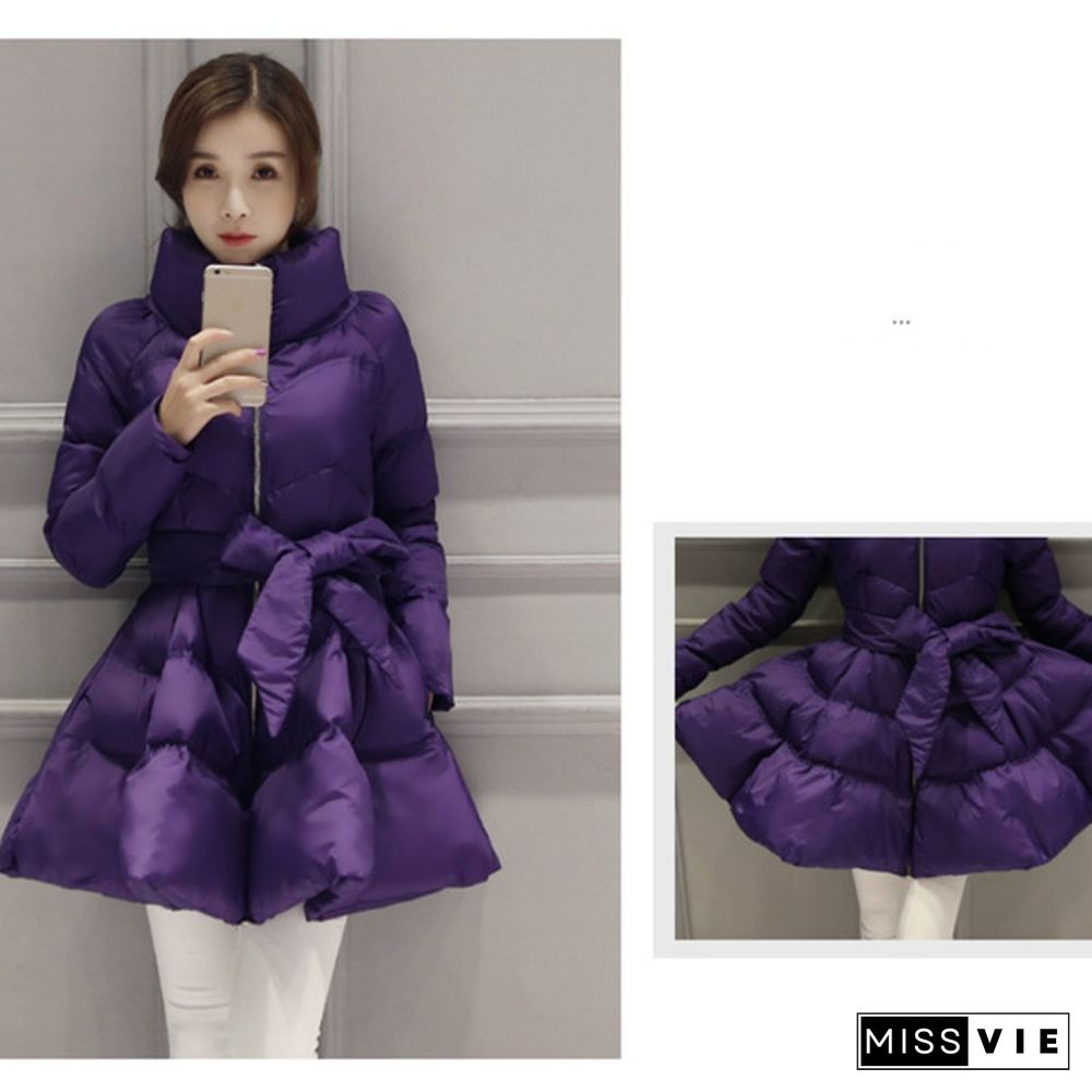 Women Puffer Coat Jacket Swing Zip Bowtie Mid Length Quilted Padded Winter Outerwear Casual