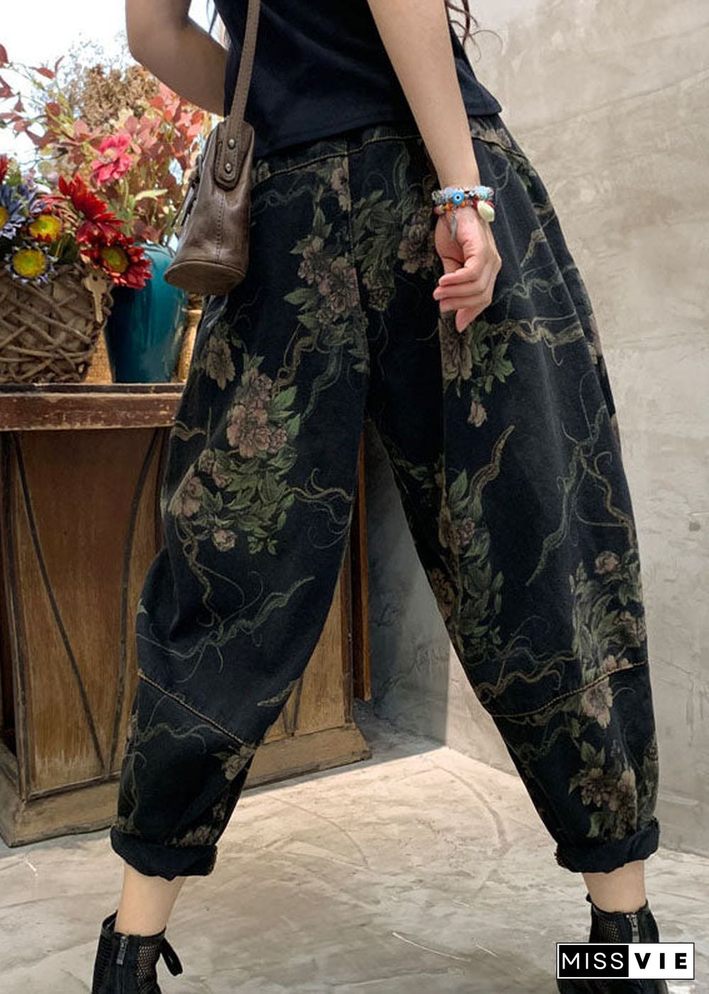 Unique Black retro Cinched Print denim Pants Trousers Spring