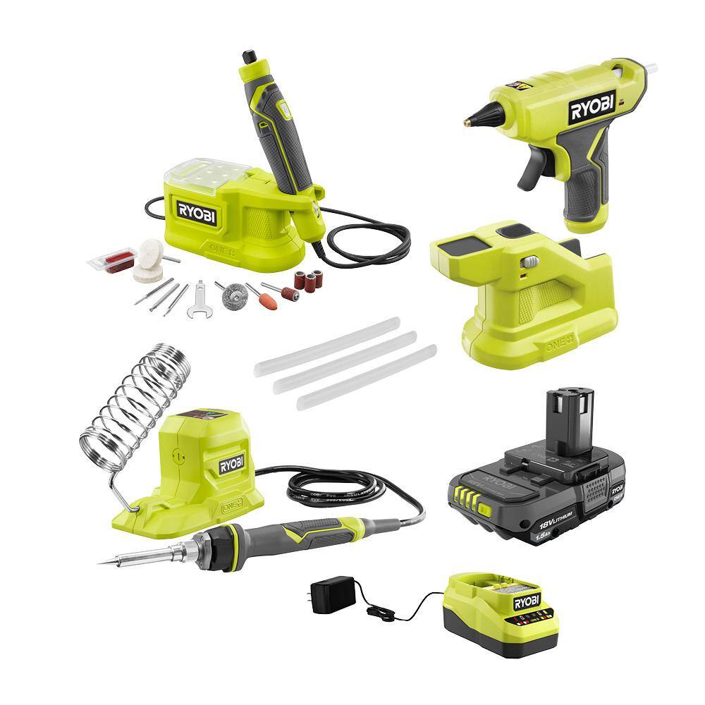 RYOBI ONE+ 18V Cordless 3-Tool Hobby Kit with Compact Glue Gun Soldering Iron Rotary Tool 1.5 Ah Battery and Charger PCL1305K1N