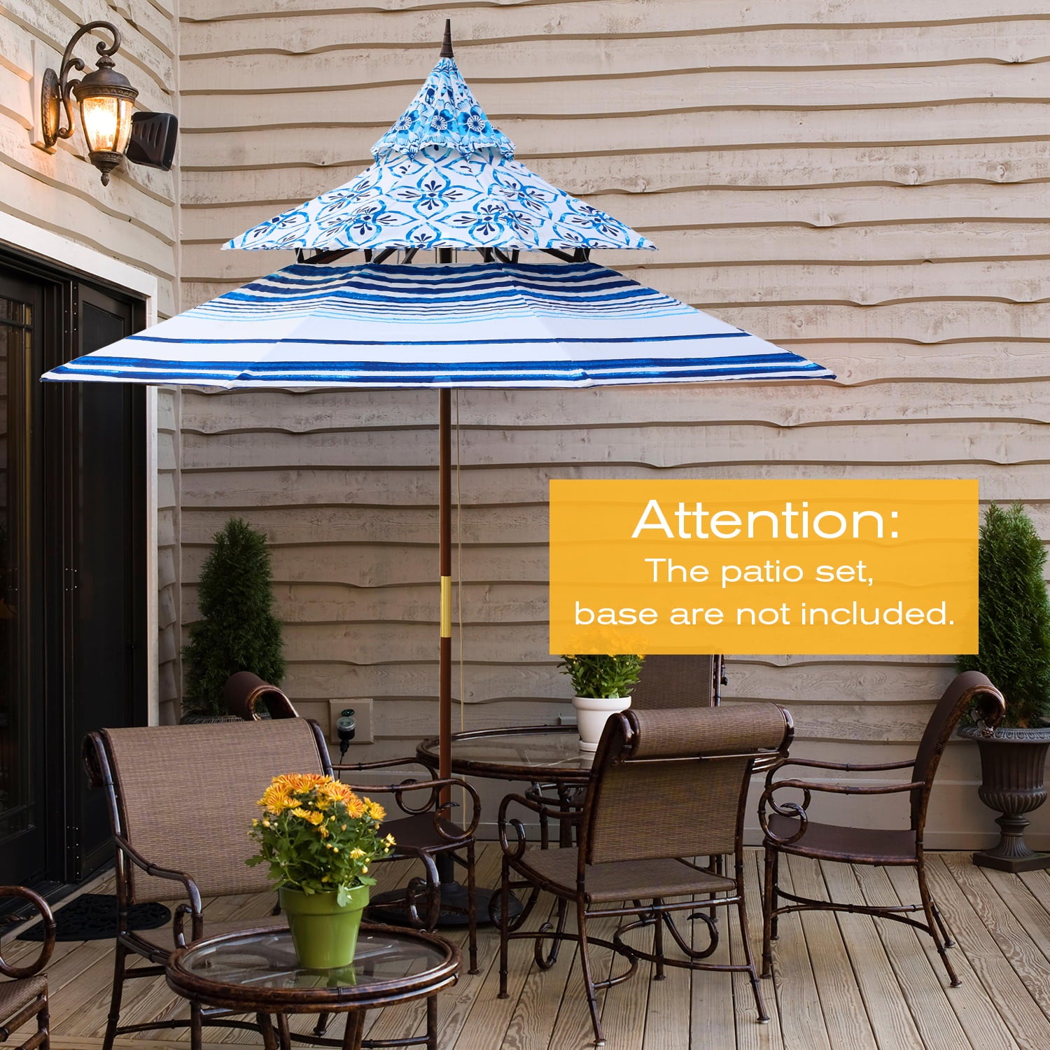 Aoodor 9ft Wooden Patio Table Market Umbrella 3 Tier (Only Umbrella)-Blue