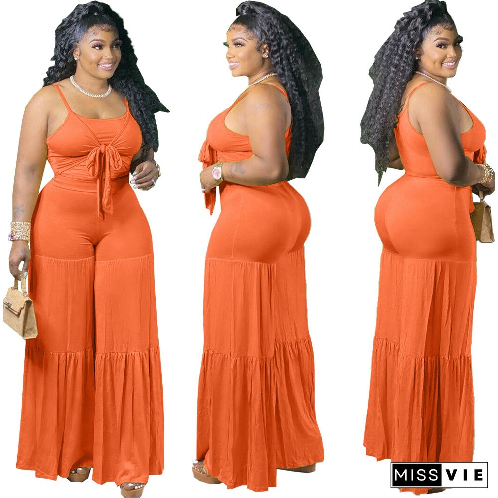 Women Plus Size Solid Color Spaghetti Strap Lace-up Crop Tops Wide Leg Pants Casual Loose 2 Pieces Set