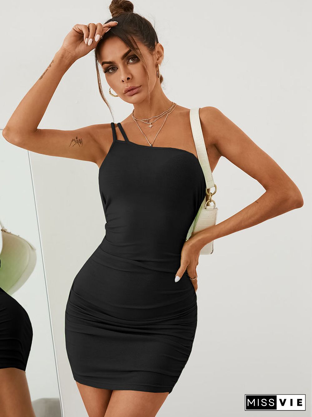 Solid Backless Irregular One Shoulder Mini Bodycon Sexy Dress