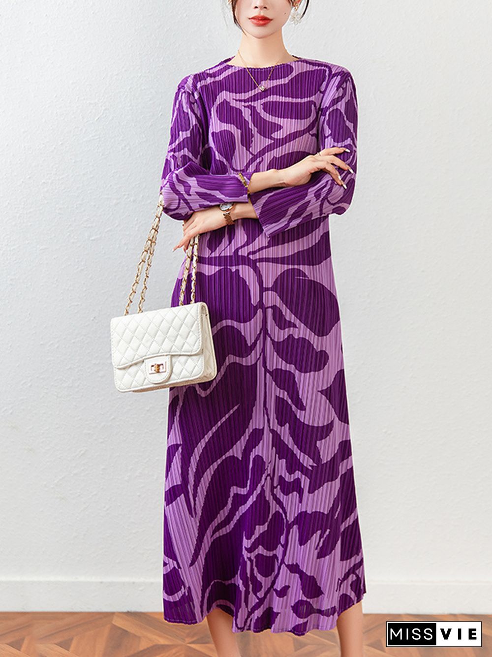 Fashion Floral Printed Pleated Long Sleeves Midi Dress