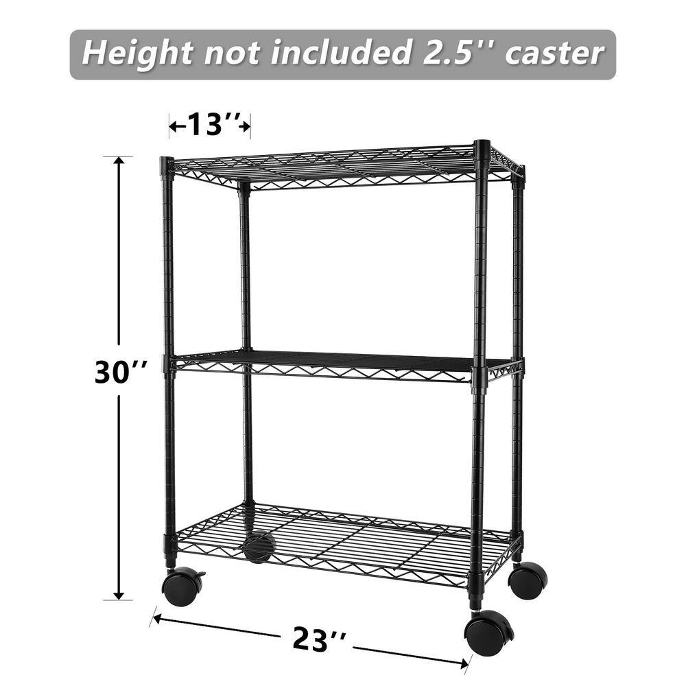 Tidoin Black Steel Heavy Duty 3-Shelf Shelving with Wheels Adjustable Storage Units(23 in. W x 33 in. H x 13 in. D) DHS-YDW1-264