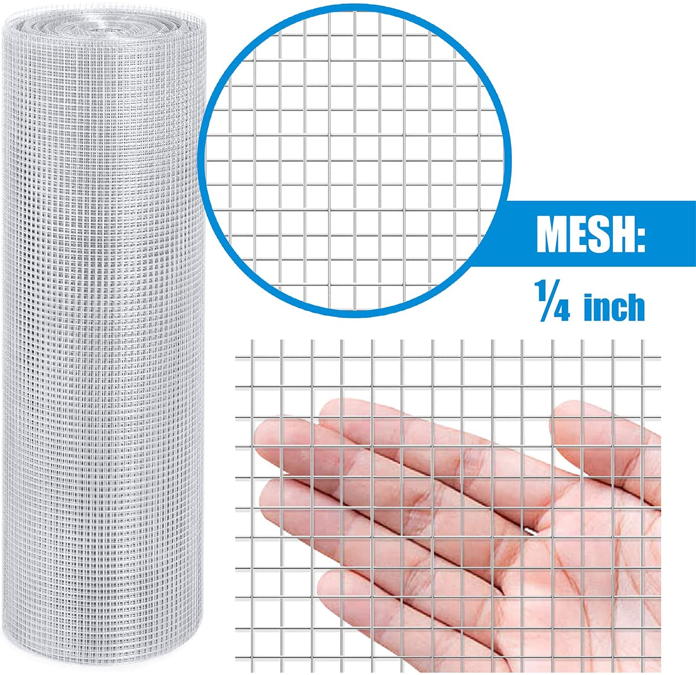 Fencer Wire Hardware Cloth, 23 Gauge with Mesh Size 1/4”, Hot-Dip Galvanized After Welding, Heavy Duty Welding Fencing for Cage Wire, Screen Doors, Tree Guards & Gutter Covers, Size Options Available