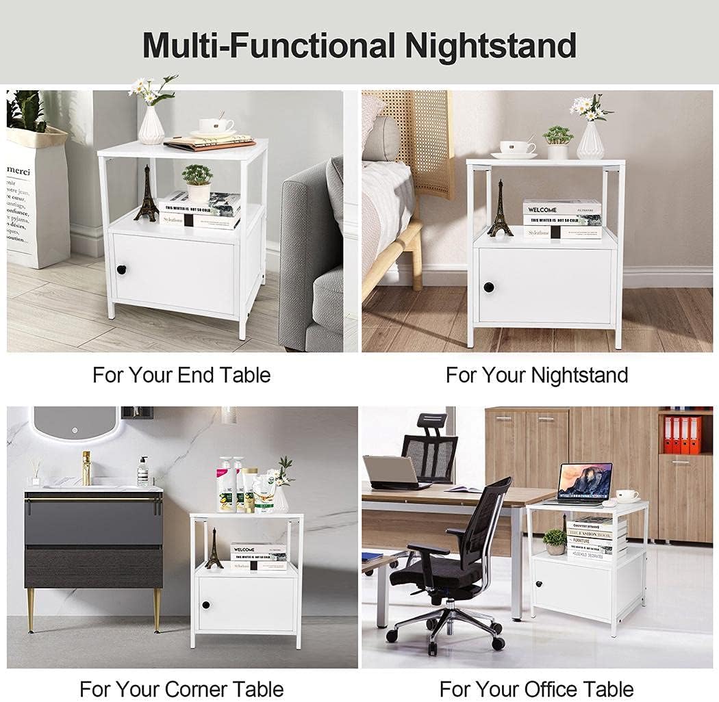 White Nightstands Set of 2, Industrial End Side Table with Storage Space and Door, Modern Night Stand Wood Bedside Table for Living Room, Bedroom, Lounge, Hall, Easy Assembly