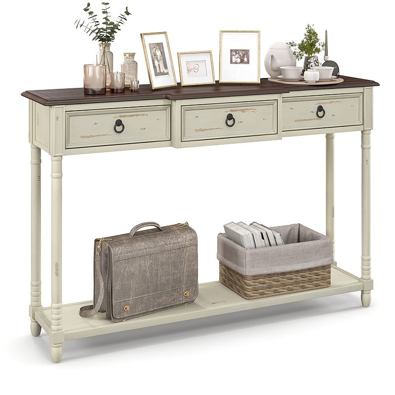 52 Inch Farmhouse Console Table With 3 Drawers And Open Storage Shelf For Hallway