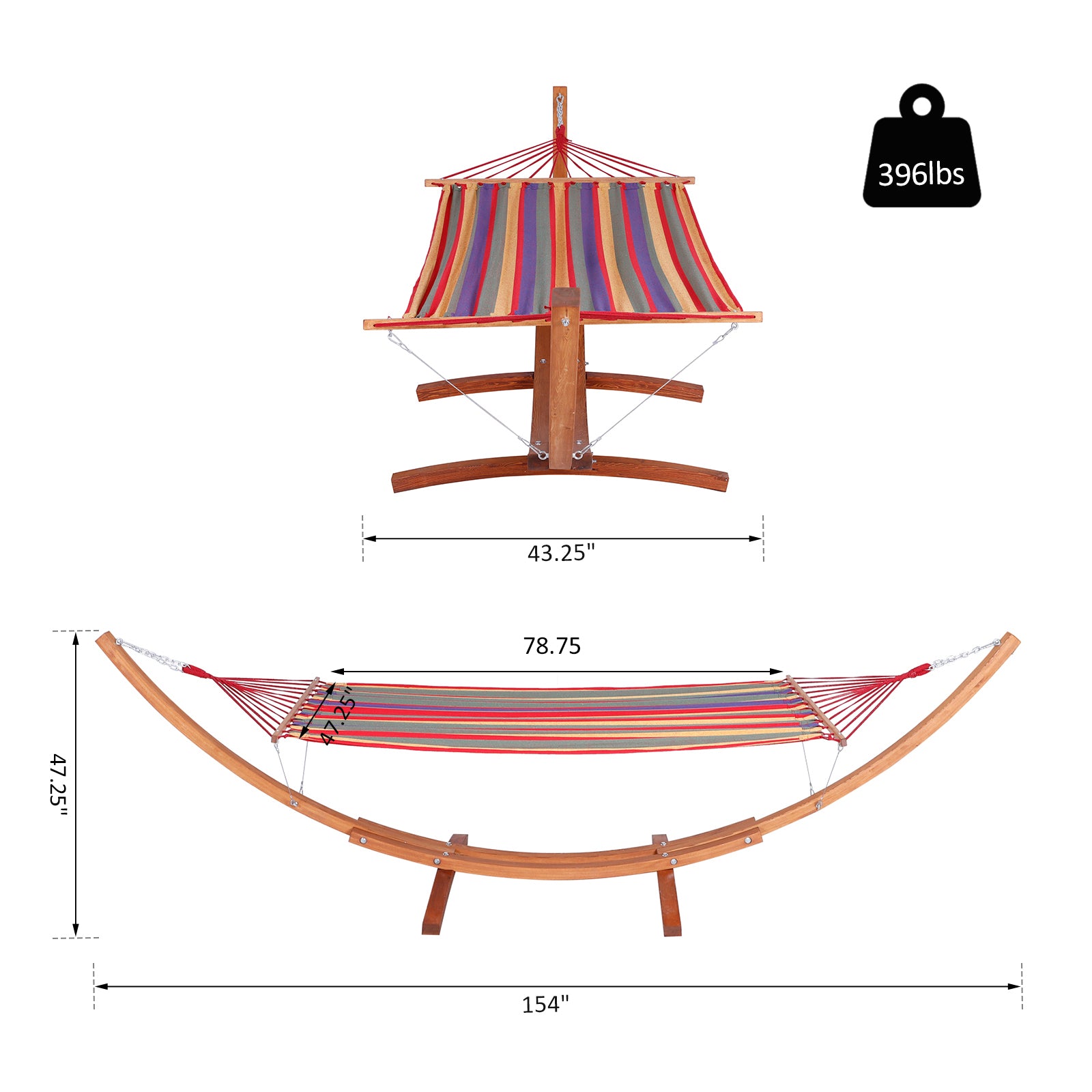 ikayaa Wide Outdoor Arch Wooden Hammock Bed with Stand featuring Modern Design Aesthetic & Water-Fighting Material - Multi-color Stripe