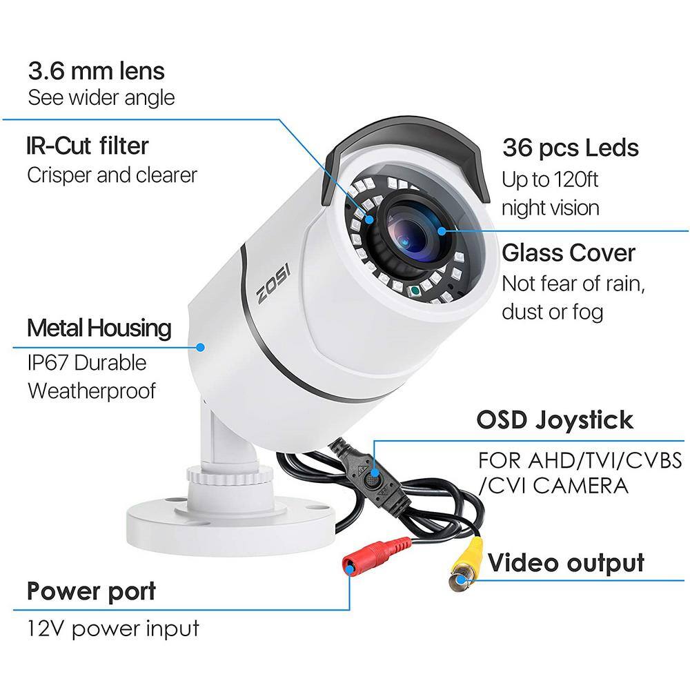 ZOSI Wired 1080p OutdoorIndoor Bullet Home Security Camera 4-in-1 White Compatible for TVICVIAHDCVBS DVR 1AC-2612C-WS-A1