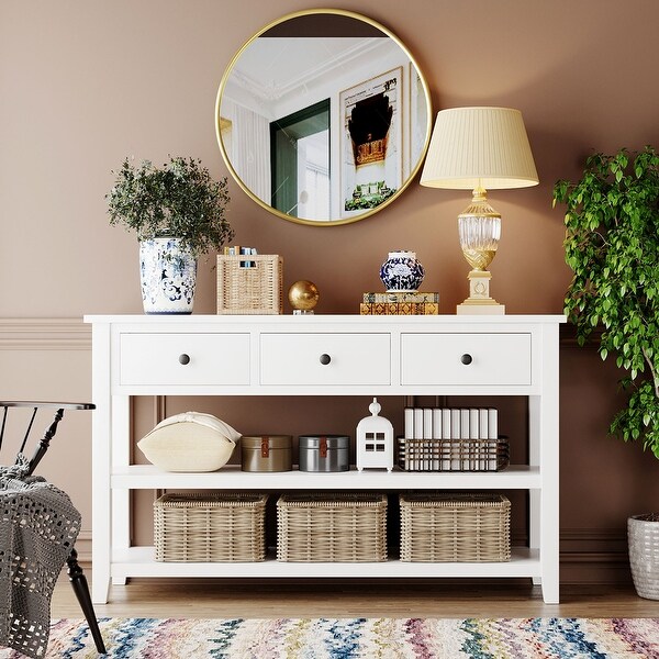 Retro Design Pine Solid Wood Console Table with Two Open Shelves