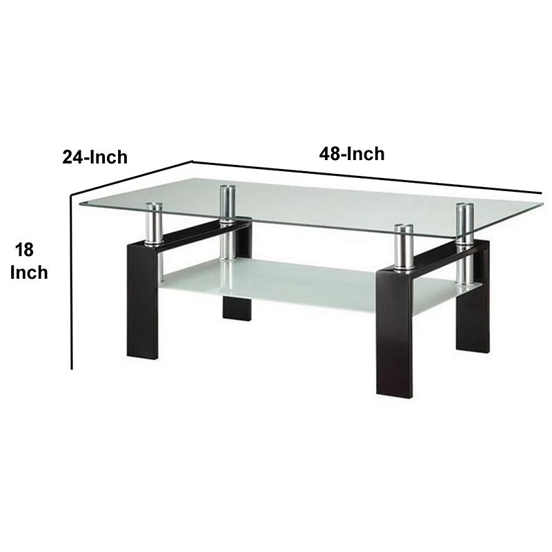 Glass Top Coffee Table with Metal Base and 1 Bottom Shelf， Clear and Black