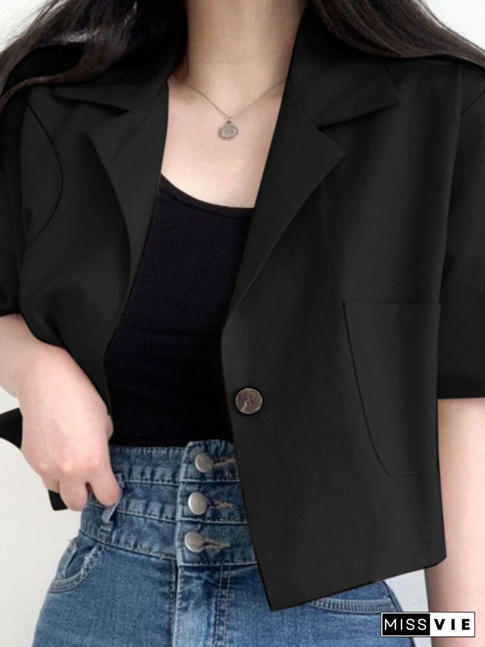 Solid Button Front Pocket Lapel Half Sleeve Casual Blazer