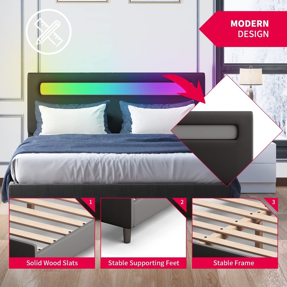 Mixoy Platform Bed Frame with Smart RGB LED Light Strip Bed Frame with Adjustable Headboard  Compatible with Alexa   App