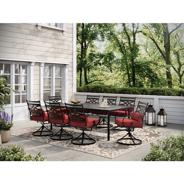 Hanover Montclair 9Piece Dining Set in Chili Red with 8 Swivel Rockers and a 42In. x 84In. Table