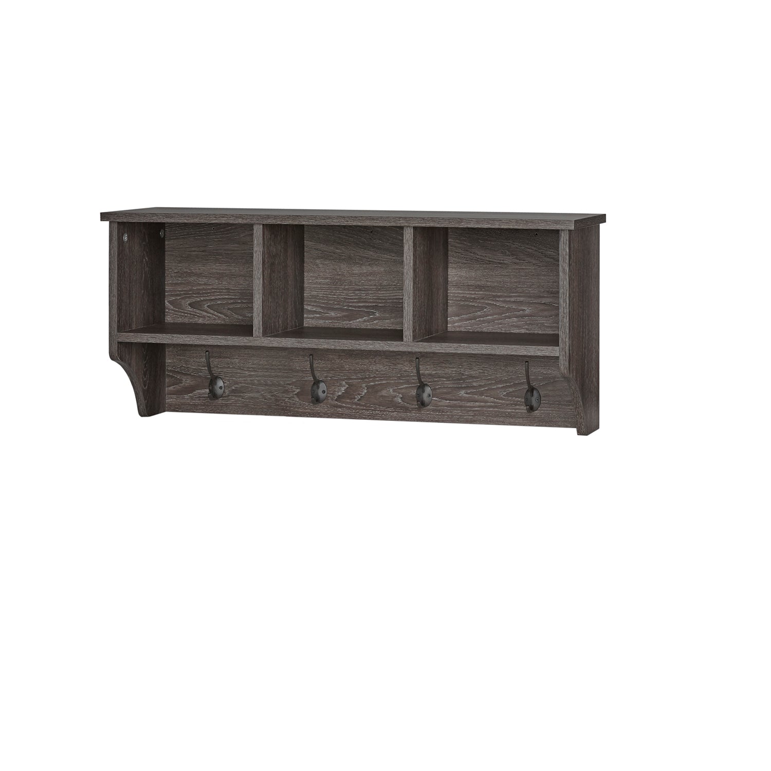 RiverRidge Home Woodbury Collection Wall Shelf with 3 Cubbies and 4 Double Hooks in Dark Weathered Woodgrain