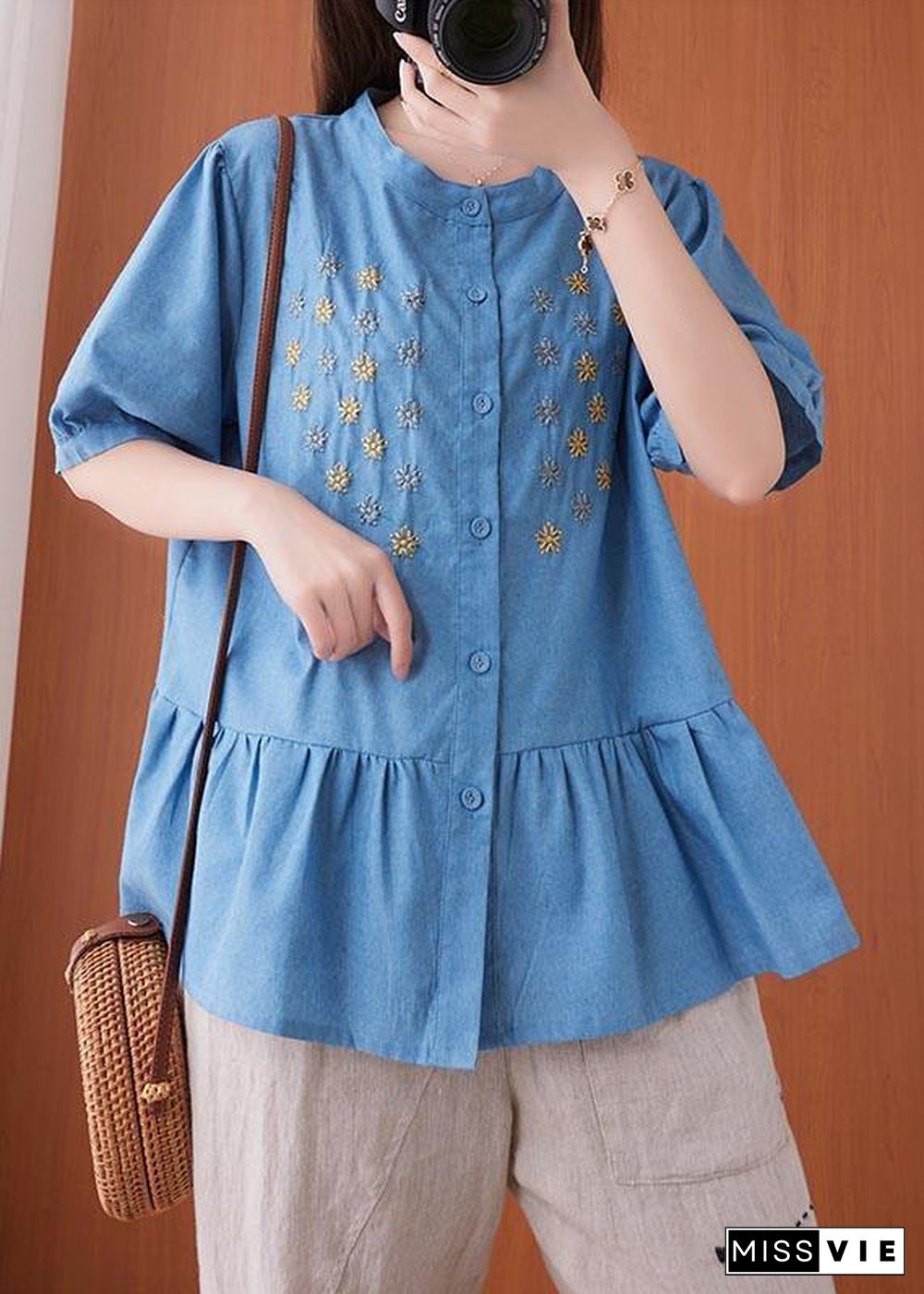 Women Blue Embroideried O-Neck Cotton Summer Shirts