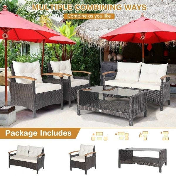 4 Pieces Patio Rattan Furniture Set with Cushioned Sofa and Storage Table - 46.5