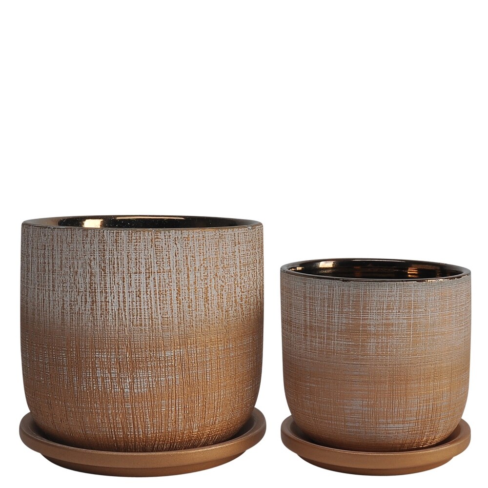 Terracotta  Tan  and Gold Ceramic Planters with Saucers (Set of 2)