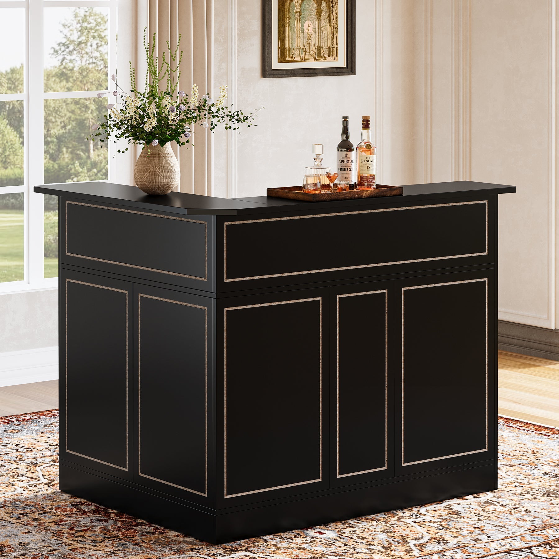 L-Shaped Bar Table, 4-Tier Bar Cabinet Reception Desk