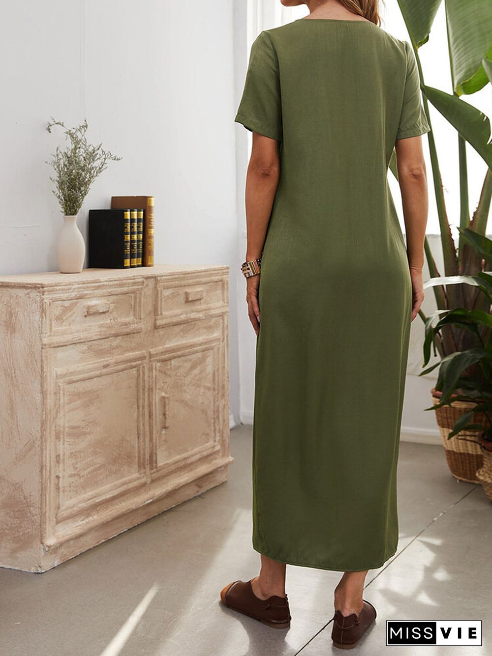 Women Solid Short Sleeve V-neck High Waist Maxi Dress