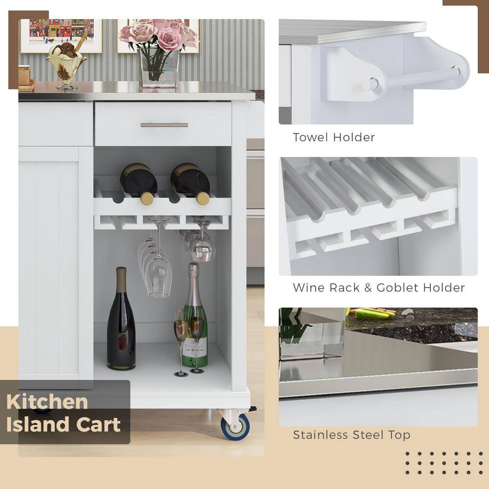 Modern White Stainless Steel Top 51 in. Kitchen Island on Wheels with 2-Drawers Racks and Storage Cabinet ZY-WF295114AAW